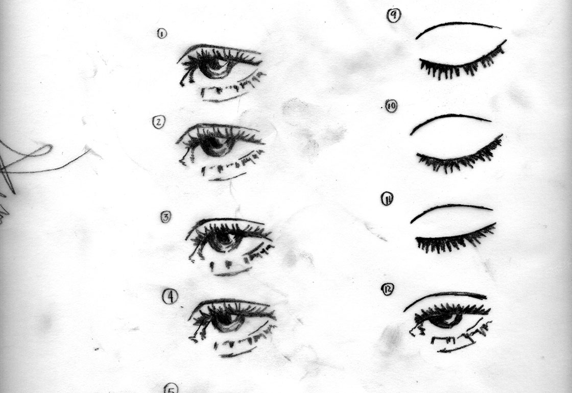 Drawings of eyes showing different makeup techniques
