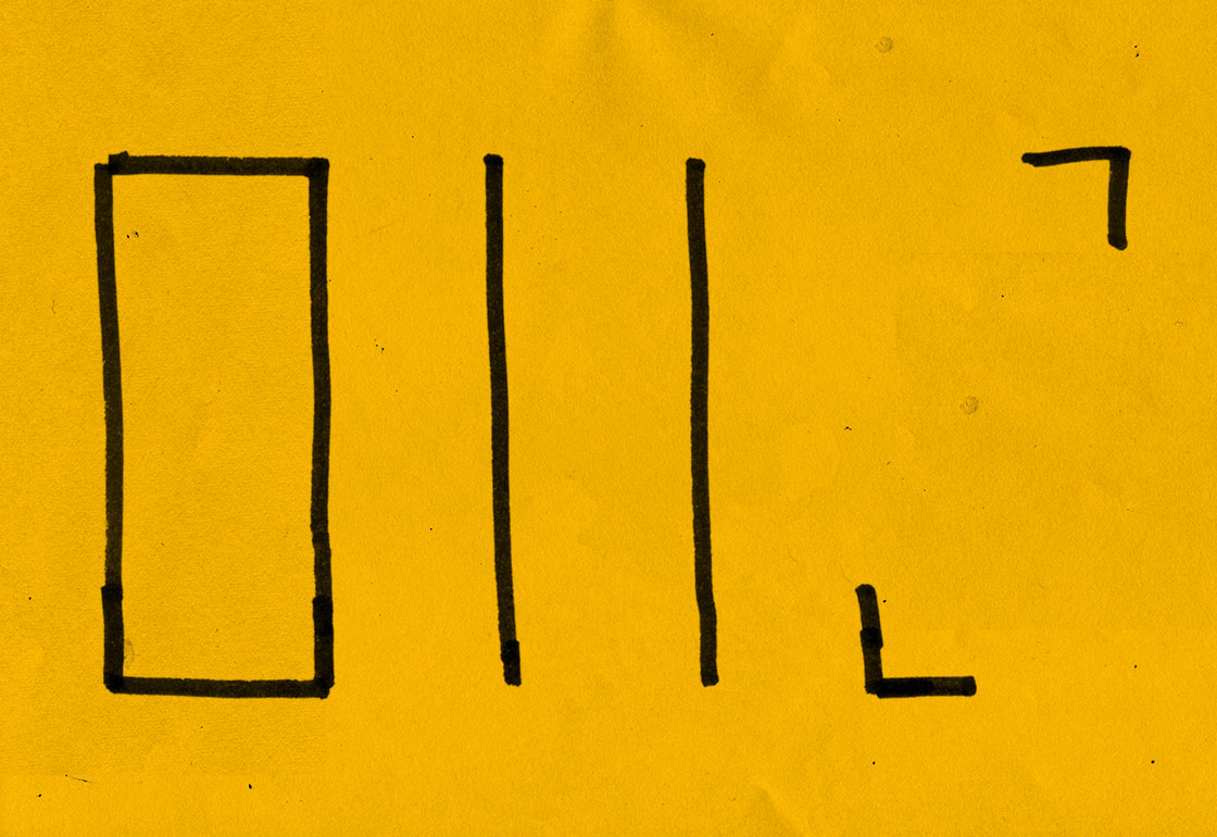 Drawing showing a handdrawn box, two lines, and 2 corner pieces