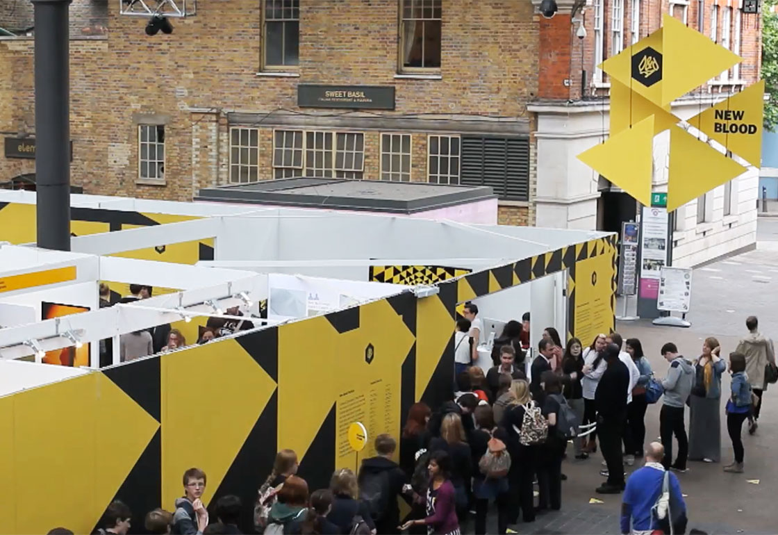 Overhead view of the exhibition and hanging signage