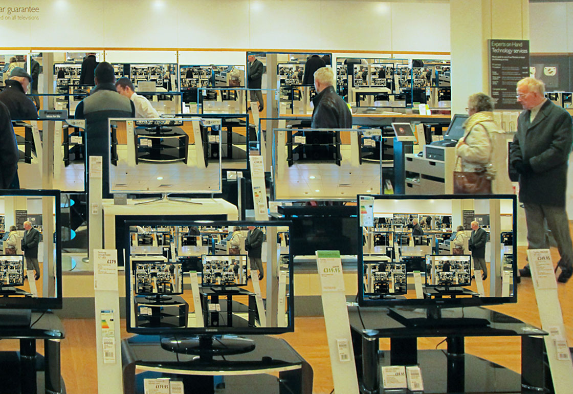 CCTV feedback effect in a shop selling TVs