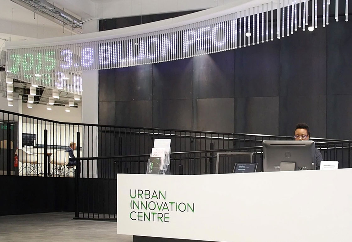 Reception area and hanging LED signage