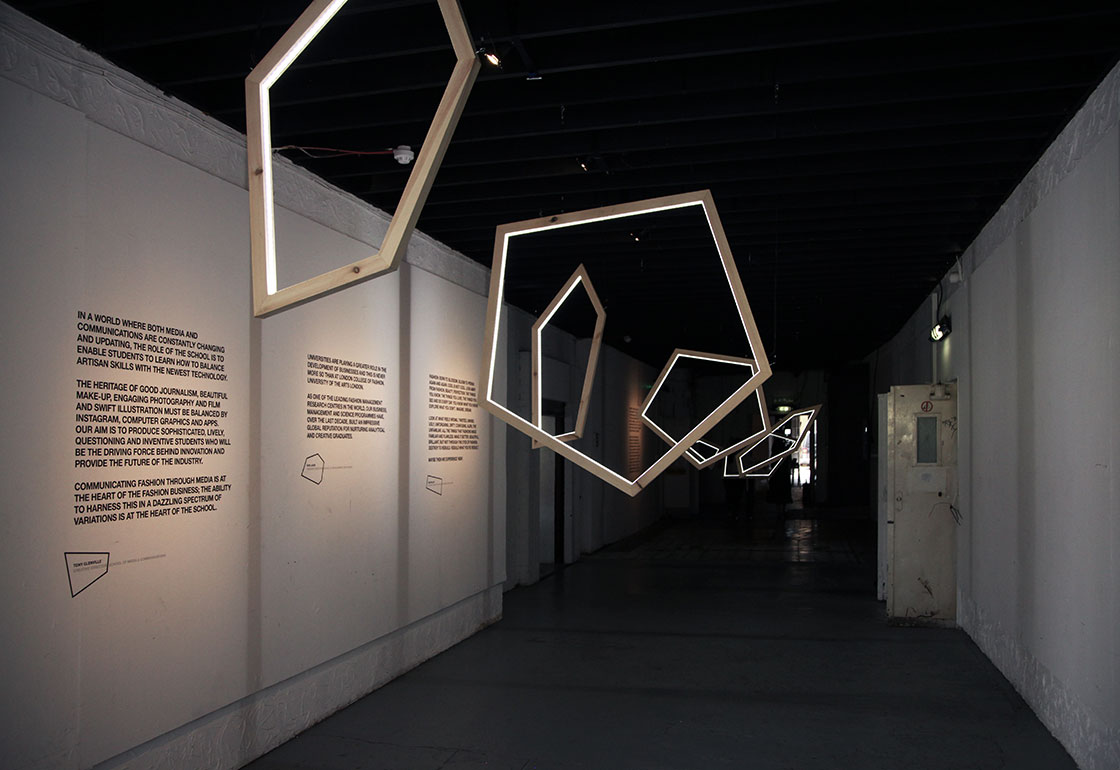 Corridor with hanging light sculpture