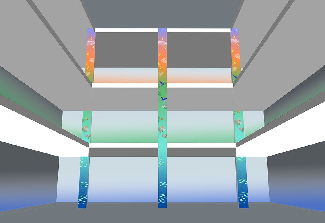 Render of the atrium animations from sea to land to sky