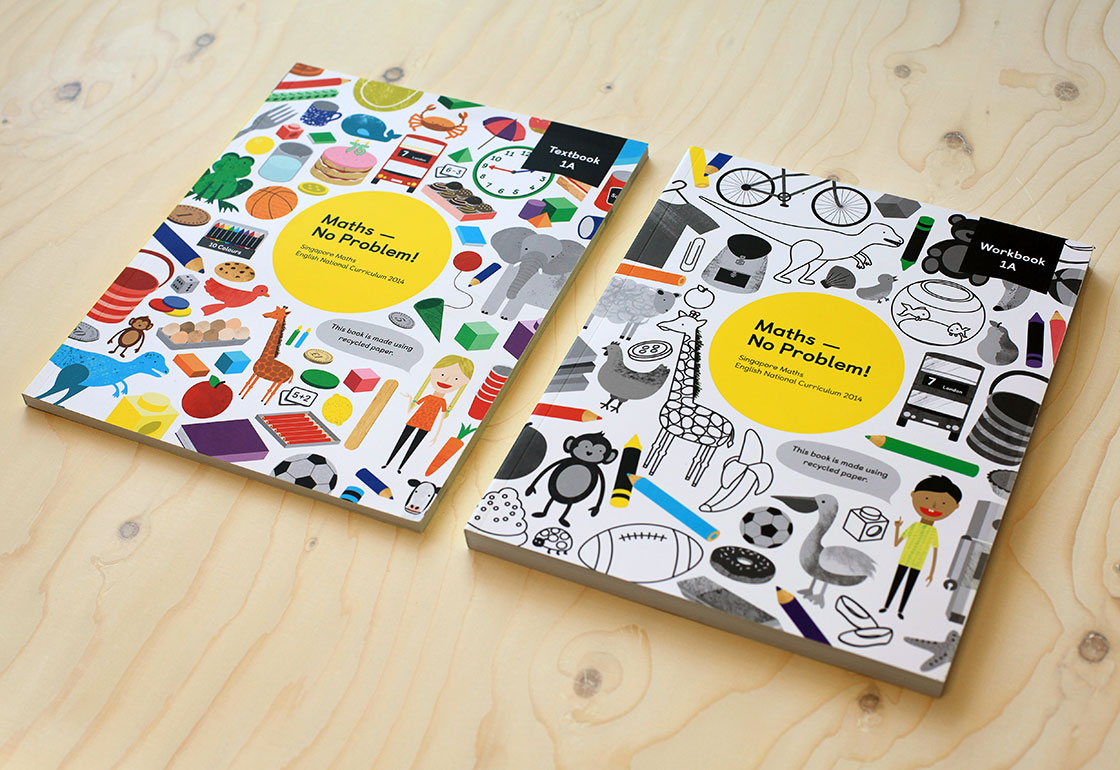 Illustrations of elephant, bike etc. and maaths objects