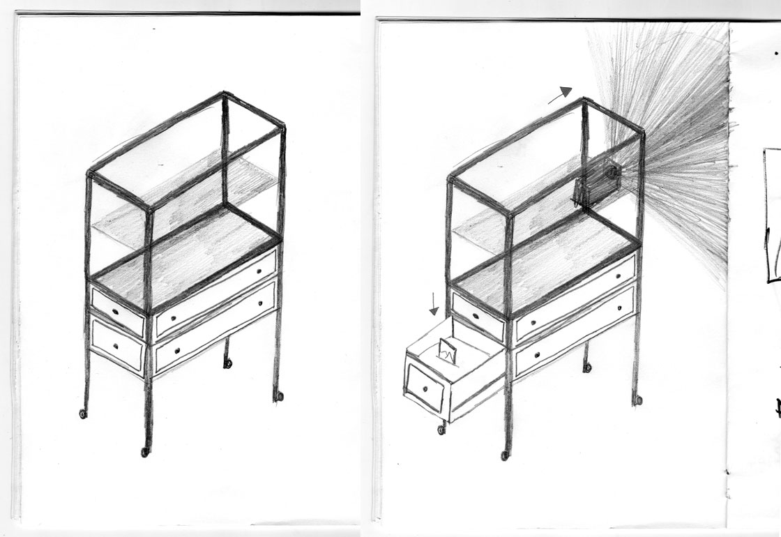 Concept sketch of a storage case acting as a projection device as well
