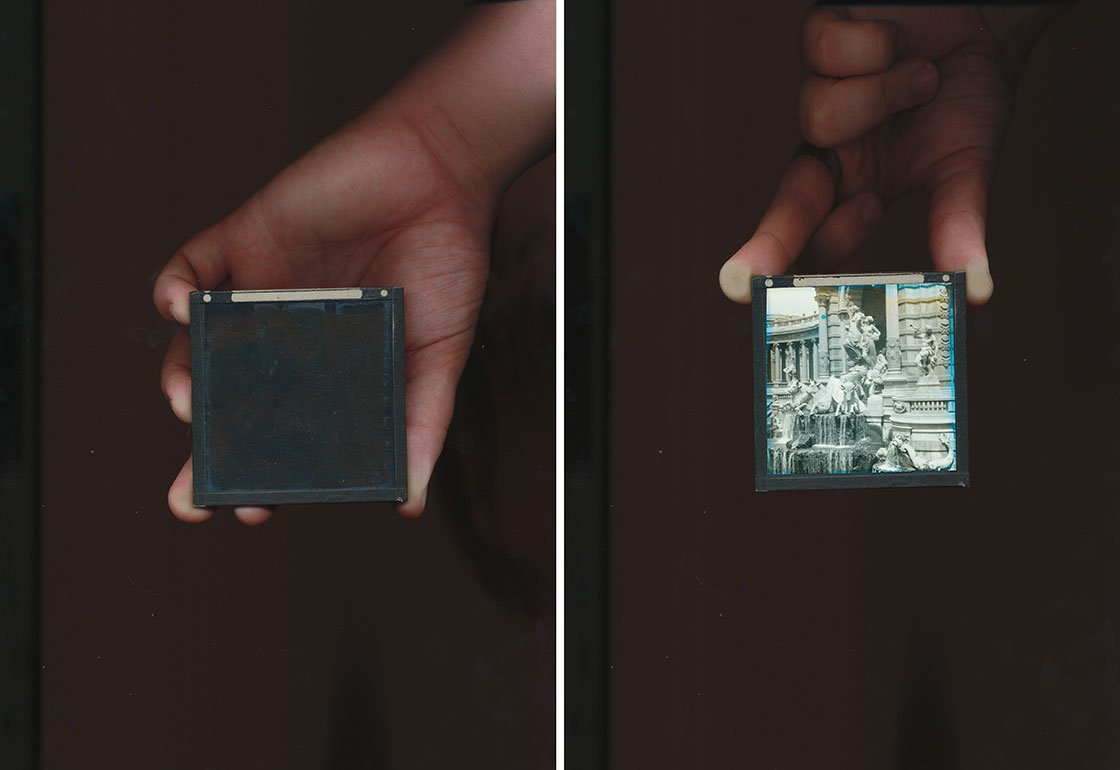 One lanterns slide with no light through it and then shown with light coming through it