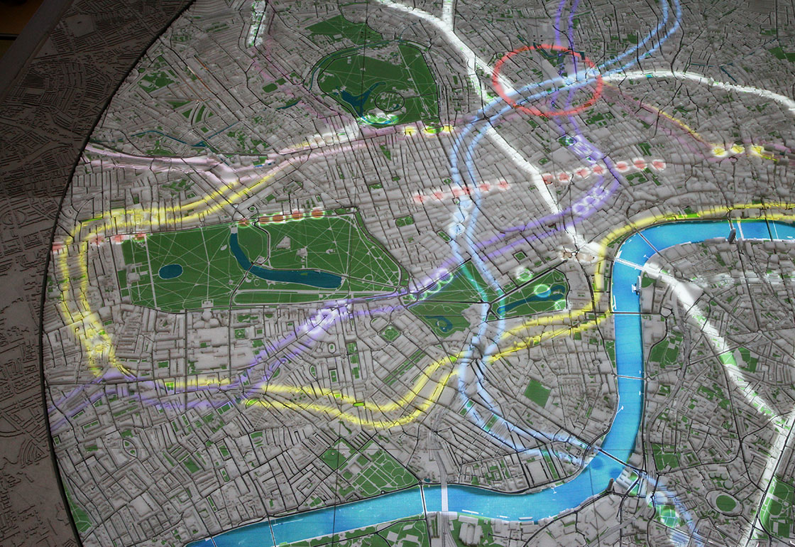 Close up of projected map of London